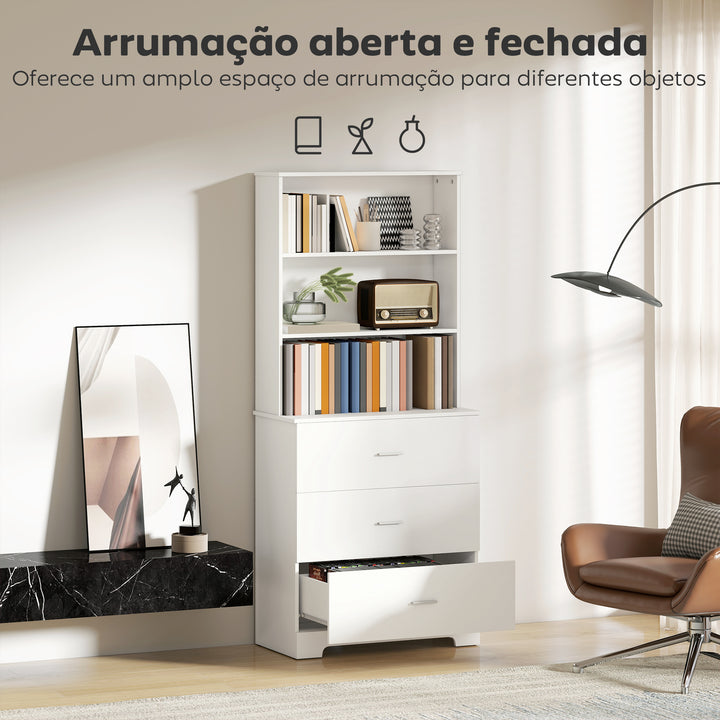 Estante para Livros de 6 Níveis Estante com 3 Gavetas 3 Prateleiras Abertas Armário Alto para Sala de Estar Estúdio Escritório 79x39,5x182,2 cm Branco