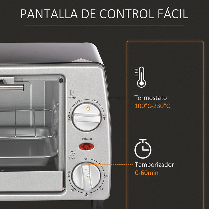 Mini Forno de Convecção 10 Litros 750W com Temperatura até 230 °C Temporizador 60 Minutos Bandeja e Grade 36,5x26x22cm Preto e Prata