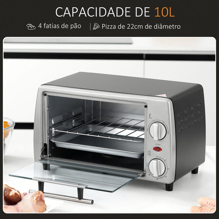 Mini Forno de Convecção 10 Litros 750W com Temperatura até 230 °C Temporizador 60 Minutos Bandeja e Grade 36,5x26x22cm Preto e Prata