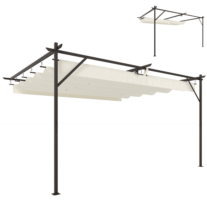 Pérgola de Parede de Jardim 4x3 m Pérgola de Jardim com Telhado Retrátil Proteção UPF30+ Orifícios de Drenagem e Estrutura Metálica Pérgola para Terraço Jardim Exterior Creme