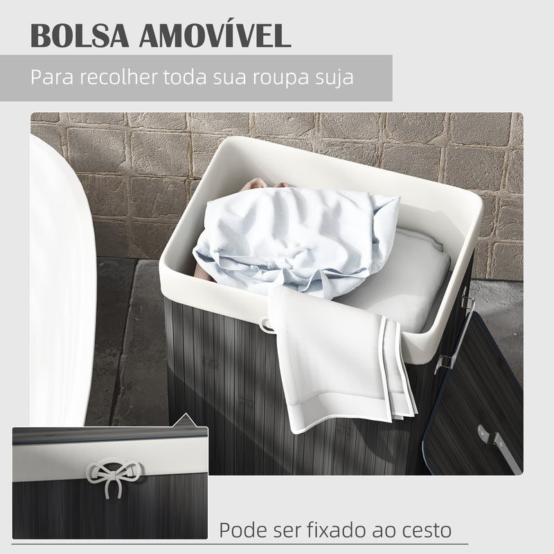 Cesto de Roupa de Bambu Dobrável Cesto para Roupa Suja com Tampa e Bolsa Amovível para Lavandaria Casa de Banho 40x30x60 cm Cinza Escuro