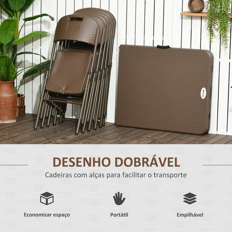 Conjunto de Mesa e 6 Cadeiras de Jardim Conjunto de Refeição de 7 Peças Dobrável com Imitação de Vime com Estrutura de Aço para Pátio Varanda Marrom