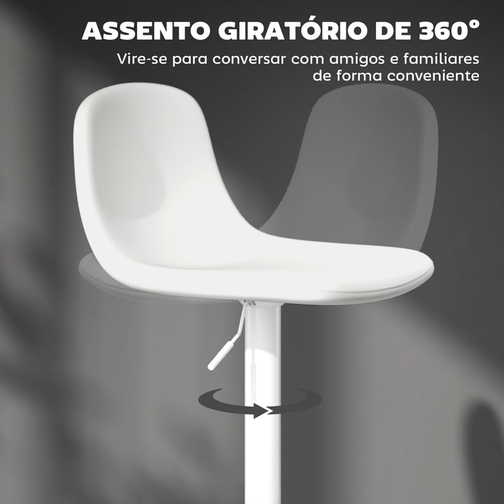 Conjunto de 2 Bancos de Bar Bancos Altos de Cozinha Reguláveis em Altura 84-104 cm com Encosto e Apoio para os Pés Estofadas em PU Giratórias em 360° para Sala de Jantar Varanda Branco