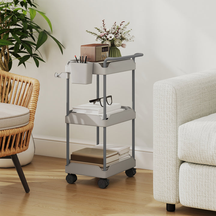 Carrinho Auxiliar com Rodas de 3 Níveis Carrinho de Cozinha com Cestos Extraíveis Rodas com Travão Suporte para Toalhas e Estrutura de Metal Carrinho de Serviço para Casa de Banho 42x42,5x76 cm Cinza