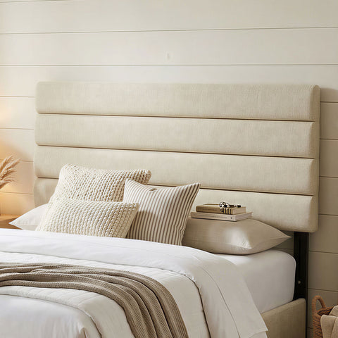 Cabeceira de Cama 140 cm Altura Ajustável em 3 Níveis 106/116/126 cm Cabeceira Estofada em Linho Acolchoamento Linear com Pernas de Aço Montada na Parede para Quarto Bege