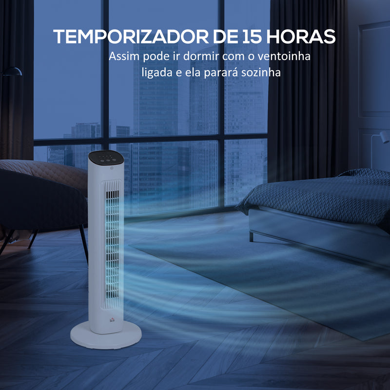 Ventoinha de Coluna 50W com Controlo Remoto Ventoinha Silenciosa com 3 Velocidades Temporizador 15h Oscilação 85° Ecrã LED 30x30x78 cm Branco