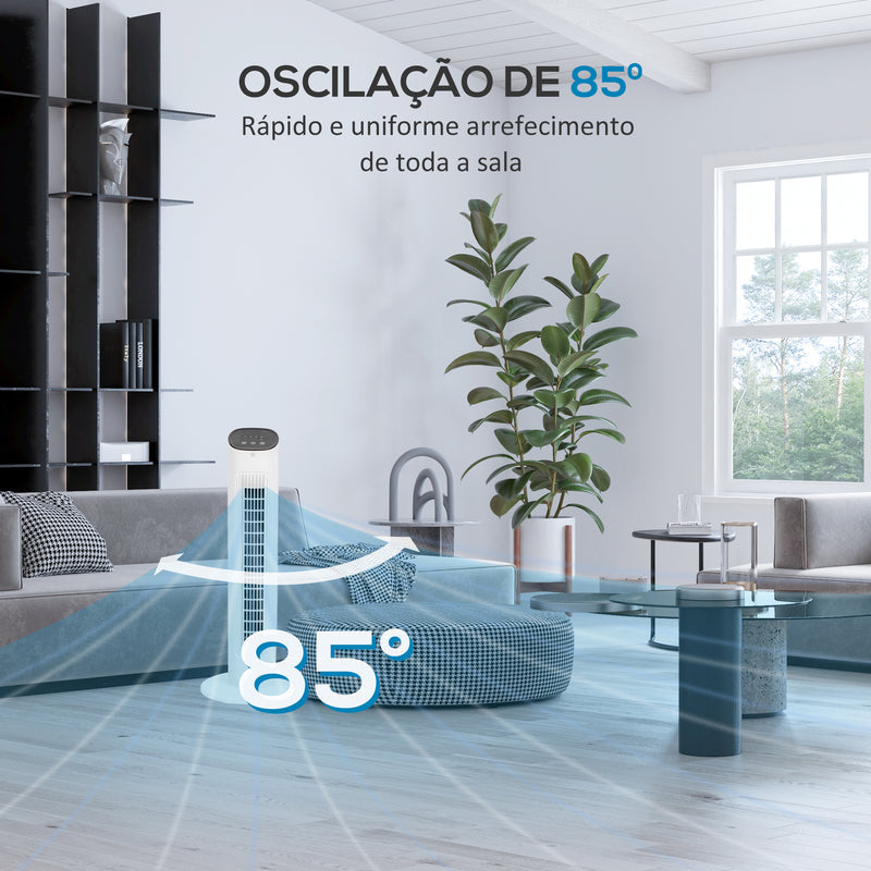 Ventoinha de Coluna 50W com Controlo Remoto Ventoinha Silenciosa com 3 Velocidades Temporizador 15h Oscilação 85° Ecrã LED 30x30x78 cm Branco