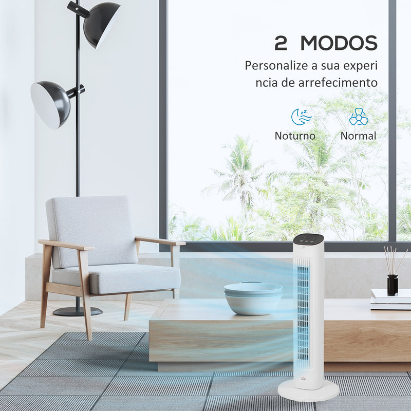 Ventoinha de Coluna 50W com Controlo Remoto Ventoinha Silenciosa com 3 Velocidades Temporizador 15h Oscilação 85° Ecrã LED 30x30x78 cm Branco