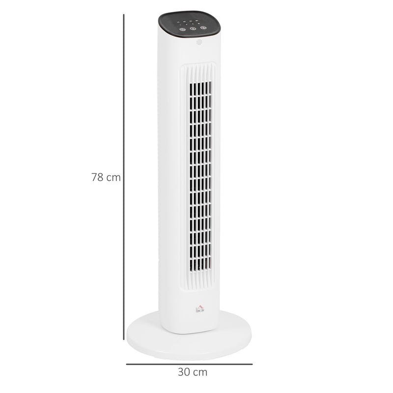 Ventoinha de Coluna 50W com Controlo Remoto Ventoinha Silenciosa com 3 Velocidades Temporizador 15h Oscilação 85° Ecrã LED 30x30x78 cm Branco