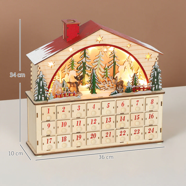 Calendário do Advento em Madeira com Luzes LED e 24 Gavetas Calendário do Advento de Natal com Cena de Vila Decoração Natalícia 36x10x34 cm Madeira e Vermelho