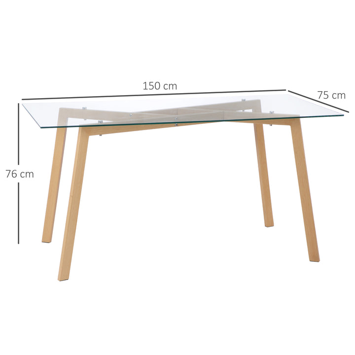 Mesa de Jantar para 6 Pessoas Mesa de Cozinha Moderna com Bancada de Vidro Temperado e Pés de Aço com Efeito de Madeira para Sala de Jantar 150x75x76 cm Transparente e Madeira