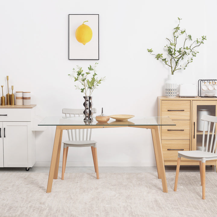 Mesa de Jantar para 6 Pessoas Mesa de Cozinha Moderna com Bancada de Vidro Temperado e Pés de Aço com Efeito de Madeira para Sala de Jantar 150x75x76 cm Transparente e Madeira