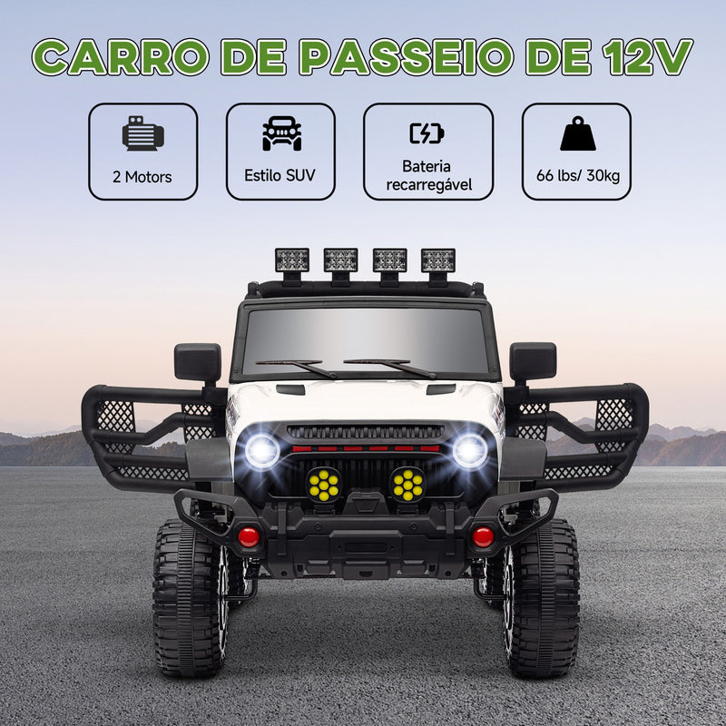 Carro Elétrico para Crianças acima de 3 Anos Carro Elétrico Infantil com Bateria de 12V Controlo Remoto Bluetooth Faróis LED Buzina e Música 100x63x65 cm Branco