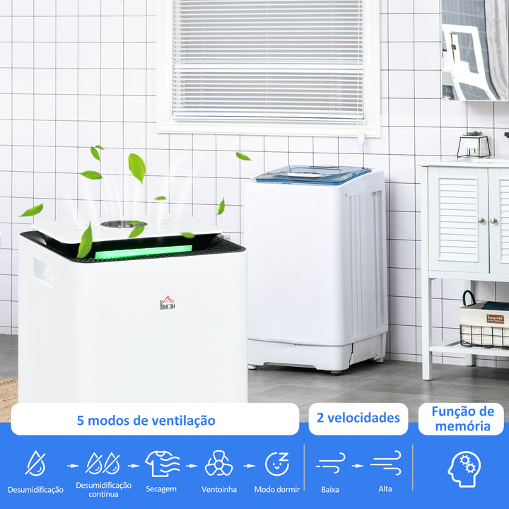 Desumidificador Elétrico 10L/dia Depósito de Água 2,5L Desumidificador de Ar Silencioso com 5 Modos 2 Velocidades Ecrã LED e Temporizador para Dormitórios Sala de Estar 25x25x50,5 cm Branco