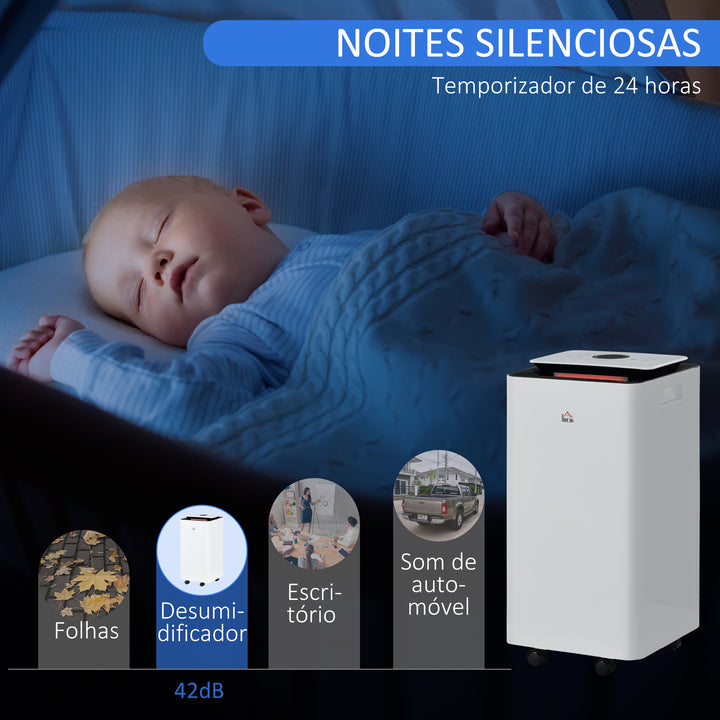 Desumidificador Elétrico 10L/dia Depósito de Água 2,5L Desumidificador de Ar Silencioso com 5 Modos 2 Velocidades Ecrã LED e Temporizador para Dormitórios Sala de Estar 25x25x50,5 cm Branco