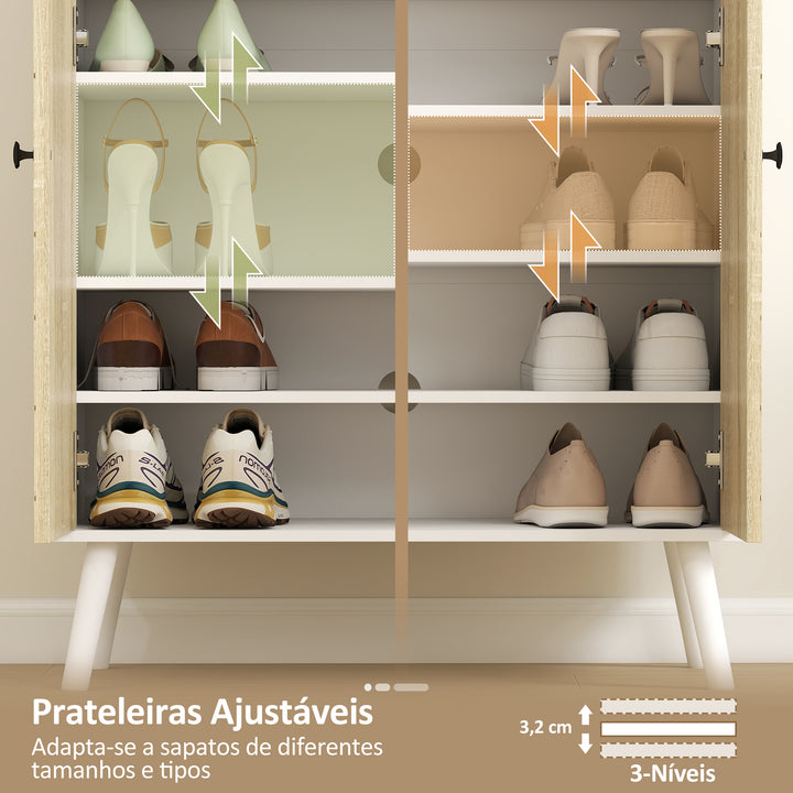 Sapateira de 2 Portas com Design em Espiga Sapateira para Entrada com Prateleiras Ajustáveis Gaveta para 12 Pares de Sapatos 75x35x97 cm Branco e Madeira