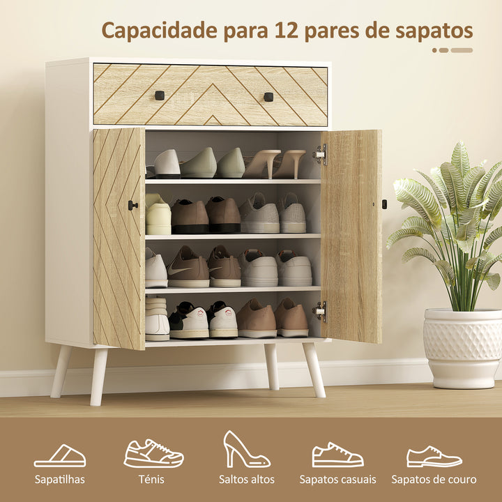 Sapateira de 2 Portas com Design em Espiga Sapateira para Entrada com Prateleiras Ajustáveis Gaveta para 12 Pares de Sapatos 75x35x97 cm Branco e Madeira