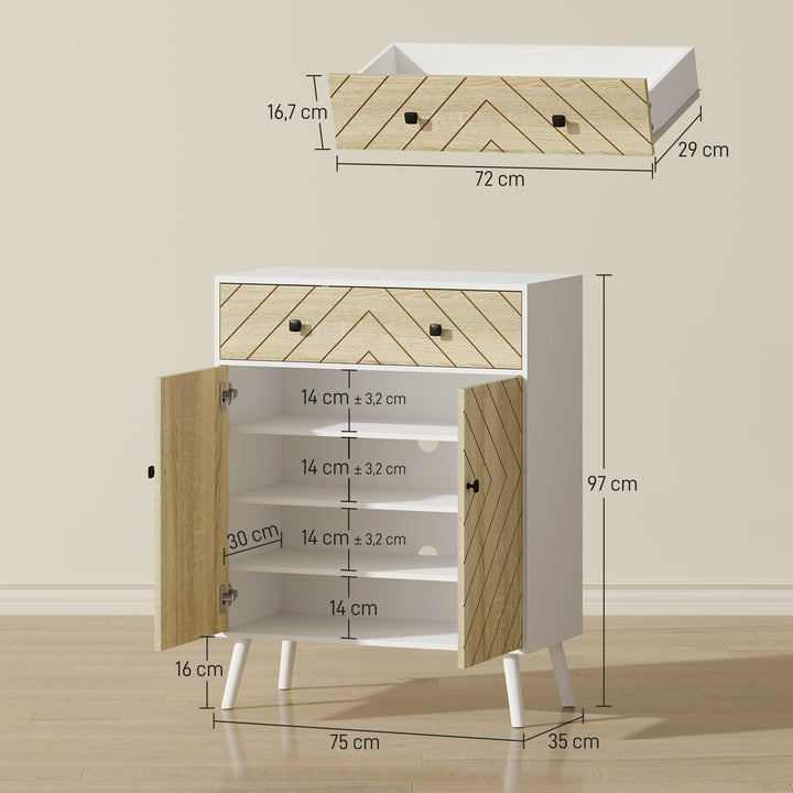 Sapateira de 2 Portas com Design em Espiga Sapateira para Entrada com Prateleiras Ajustáveis Gaveta para 12 Pares de Sapatos 75x35x97 cm Branco e Madeira