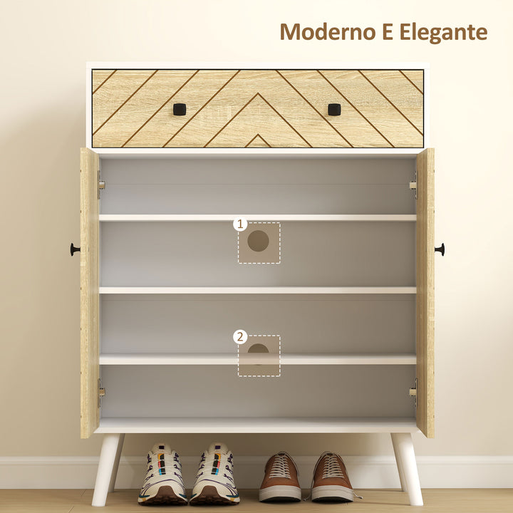 Sapateira de 2 Portas com Design em Espiga Sapateira para Entrada com Prateleiras Ajustáveis Gaveta para 12 Pares de Sapatos 75x35x97 cm Branco e Madeira