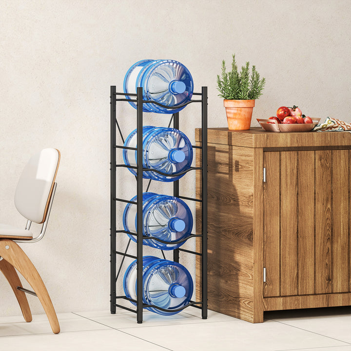 Suporte para Garrafões de Água de 4 Níveis Estante de Armazenamento para Garrafas de Água com Estrutura de Metal Reforçada para Cozinha Sala de Jantar Sala de Estar 34x34x105 cm Preto