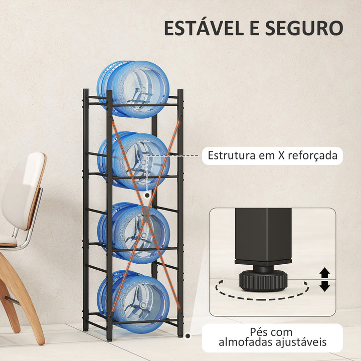 Suporte para Garrafões de Água de 4 Níveis Estante de Armazenamento para Garrafas de Água com Estrutura de Metal Reforçada para Cozinha Sala de Jantar Sala de Estar 34x34x105 cm Preto