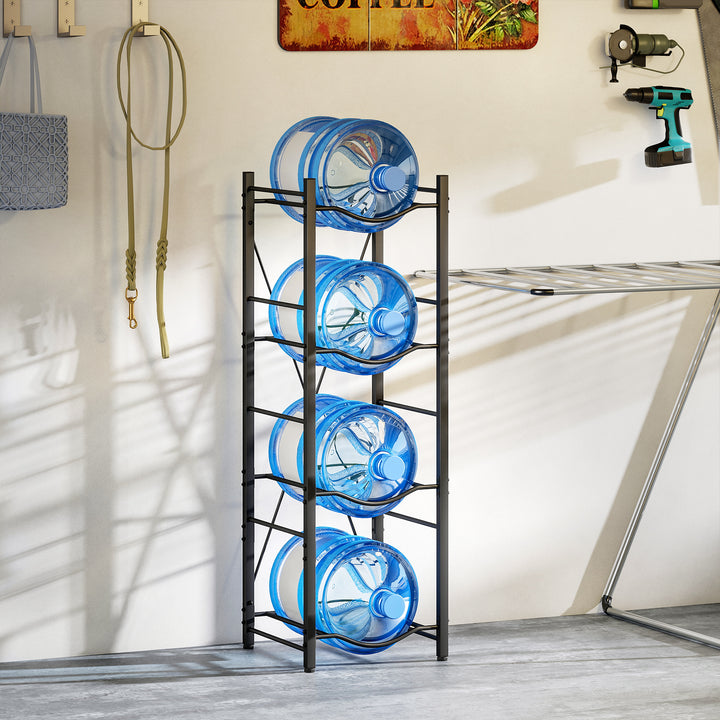 Suporte para Garrafões de Água de 4 Níveis Estante de Armazenamento para Garrafas de Água com Estrutura de Metal Reforçada para Cozinha Sala de Jantar Sala de Estar 34x34x105 cm Preto