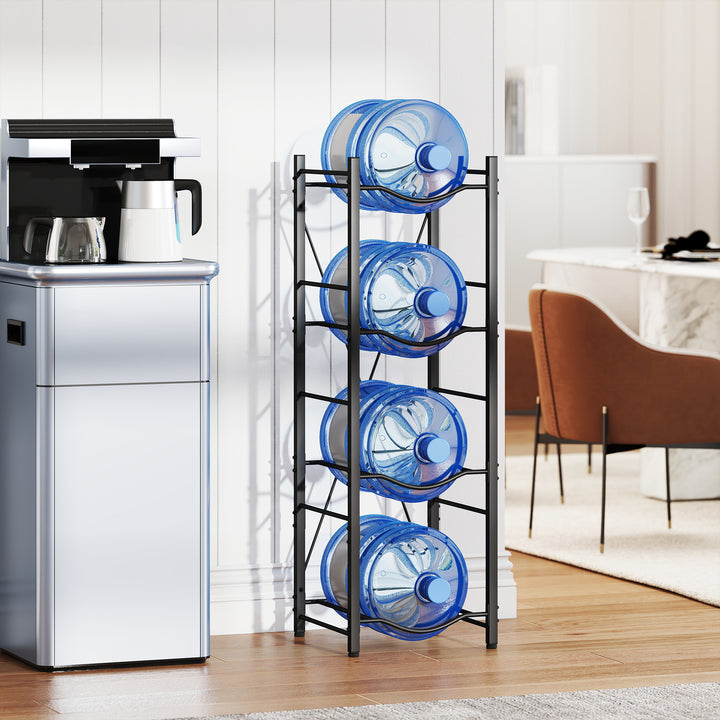 Suporte para Garrafões de Água de 4 Níveis Estante de Armazenamento para Garrafas de Água com Estrutura de Metal Reforçada para Cozinha Sala de Jantar Sala de Estar 34x34x105 cm Preto
