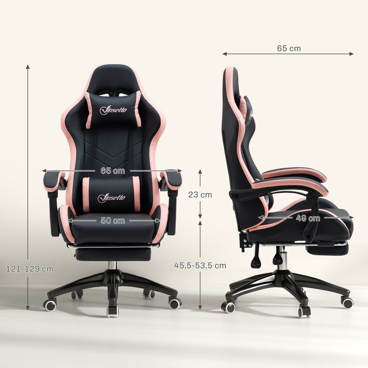 Cadeira Gaming Cadeira Gamer Racing de Couro PU com Altura Ajustável Reclinável 135° Apoio para a Cabeça e Apoio para os Pés Retrátil para Escritório Estúdio 65x65x121-129 cm Preto e Rosa