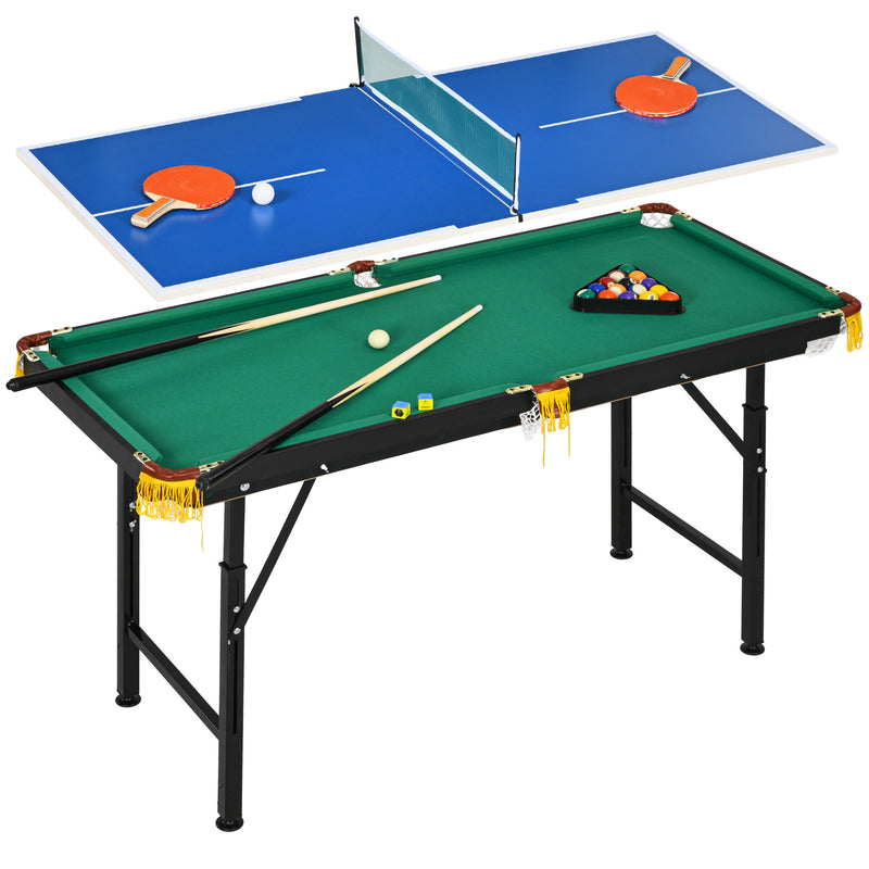 2 em 1 Mesa Multijogos para Crianças de 6+ Anos Mesa de Bilhar e Ping Pong Dobrável com Altura Ajustável e Acessórios 140x63x60-80 cm Multicolor