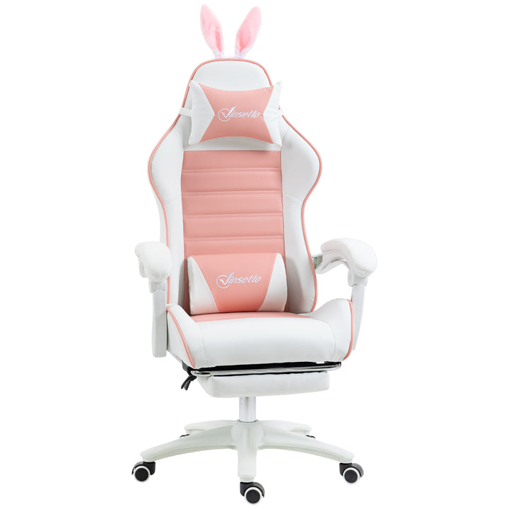 Cadeira Gaming Profissional Cadeira Gamer Giratória de Couro PU com Altura Ajustável Inclinável 135° Apoio para a Cabeça e Apoio para os Pés para Escritório 65x63x136-142 cm Rosa e Preto