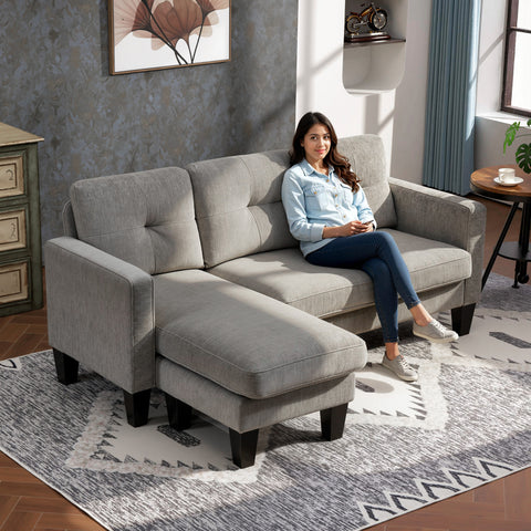 Sofá Chaise Longue Sofá em Forma de L Estofado em Poliéster Sofá de Canto Reversível com 3 Almofadas e Pés de Madeira para Sala de Estar Carga Máxima 180 kg 186x130x84 cm Marrom Acizentado