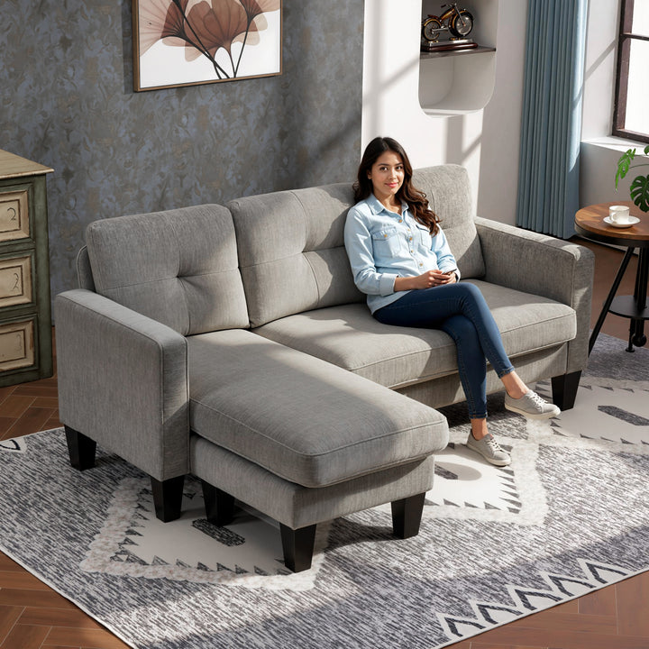 Sofá Chaise Longue Sofá em Forma de L Estofado em Poliéster Sofá de Canto Reversível com 3 Almofadas e Pés de Madeira para Sala de Estar Carga Máxima 180 kg 186x130x84 cm Marrom Acizentado