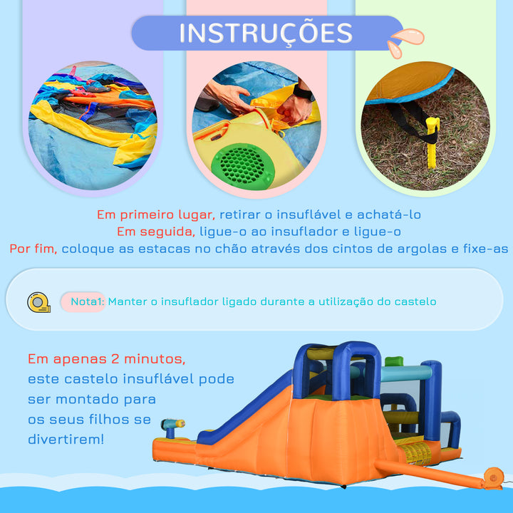 Castelo Insuflável Infantil 7 em 1 Castelo Insuflável para Crianças com Escorrega Piscina Parede de Escalada Insuflador e Bolsa de Transporte 430x420x200 cm Multicolorido