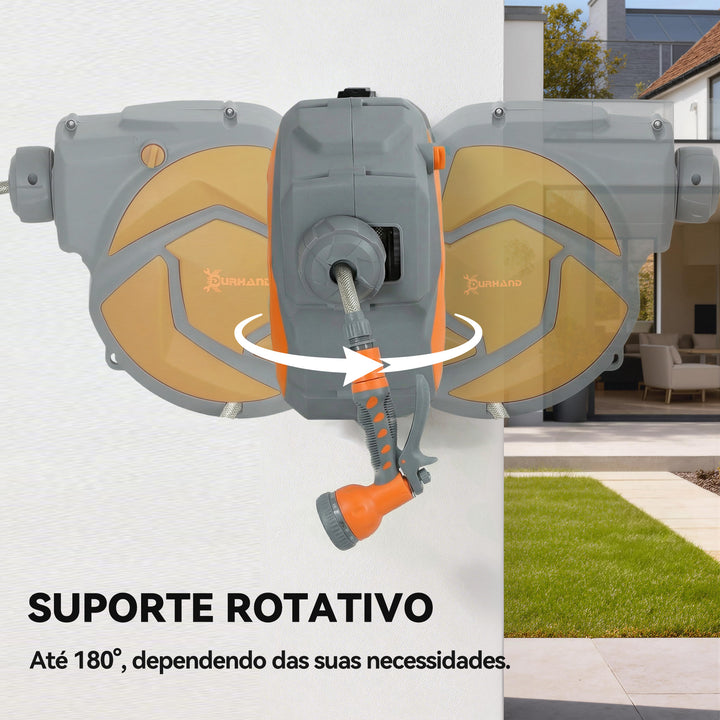 Carretel de Mangueira de Jardim 10+1 m com Bocal de 7 Funções, Mangueira Retrátil de Parede, Giratória a 180°, com Retorno Automático, Cinzento Escuro e Laranja
