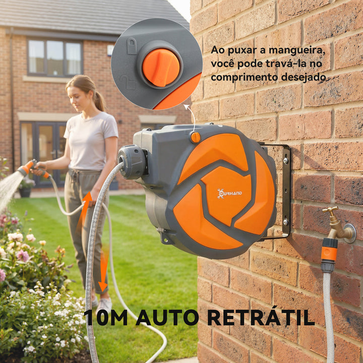 Carretel de Mangueira de Jardim 10+1 m com Bocal de 7 Funções, Mangueira Retrátil de Parede, Giratória a 180°, com Retorno Automático, Cinzento Escuro e Laranja