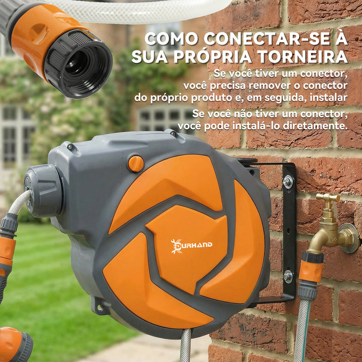 Carretel de Mangueira de Jardim 10+1 m com Bocal de 7 Funções, Mangueira Retrátil de Parede, Giratória a 180°, com Retorno Automático, Cinzento Escuro e Laranja