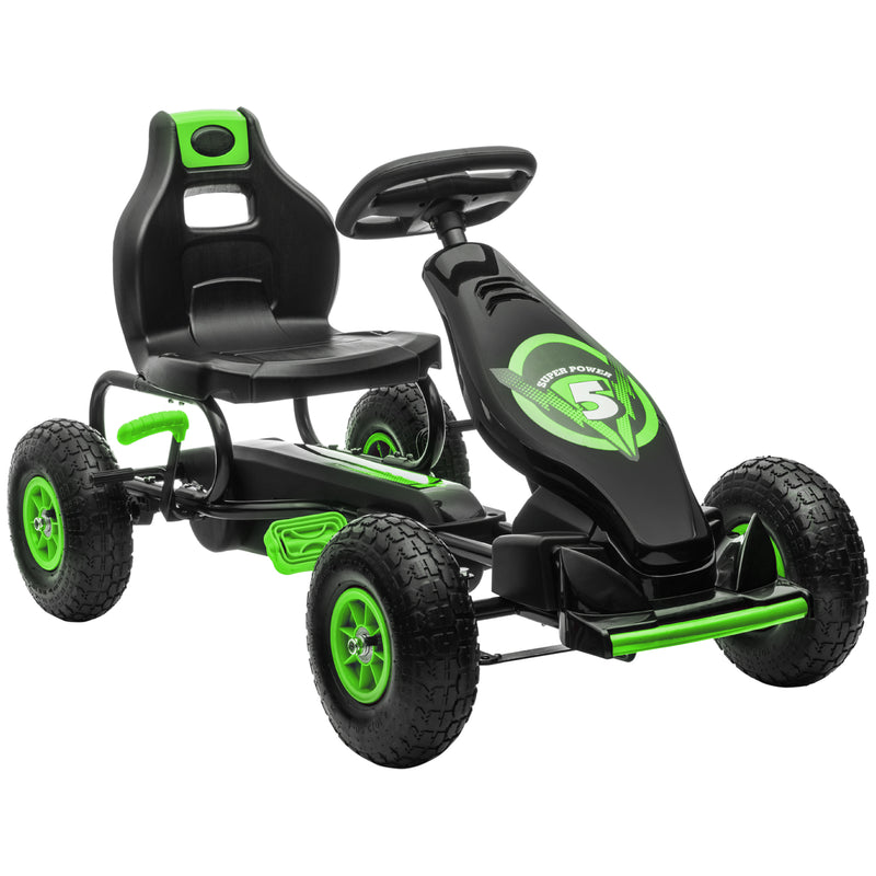 Kart a Pedais para Crianças 5-12 Anos Kart a Pedais Infantil com Assento Ajustável Pneus Insufláveis Amortecimento e Travão de Mão Carga Máx. 50kg 121x58x61 cm Verde