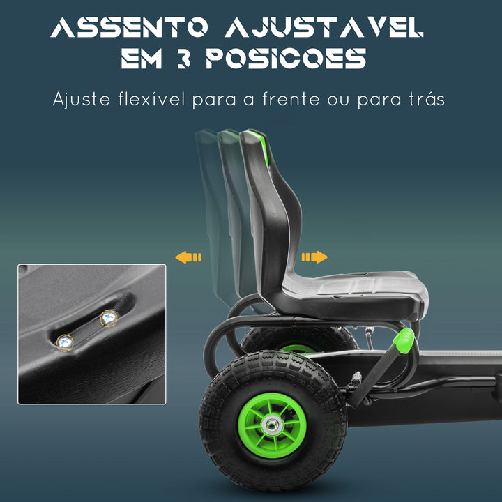 Kart a Pedais para Crianças 5-12 Anos Kart a Pedais Infantil com Assento Ajustável Pneus Insufláveis Amortecimento e Travão de Mão Carga Máx. 50kg 121x58x61 cm Verde