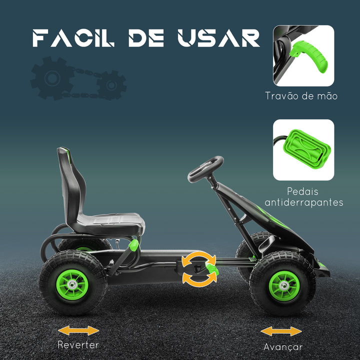 Kart a Pedais para Crianças 5-12 Anos Kart a Pedais Infantil com Assento Ajustável Pneus Insufláveis Amortecimento e Travão de Mão Carga Máx. 50kg 121x58x61 cm Verde