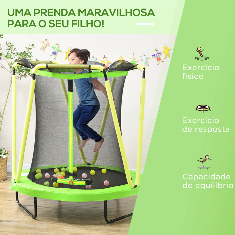 Trampolim Infantil Ø140x155 cm Trampolim para Crianças de 3-10 Anos com Rede de Segurança Cesta de Basquetebol e 20 Bolas de Plástico para Interior Verde