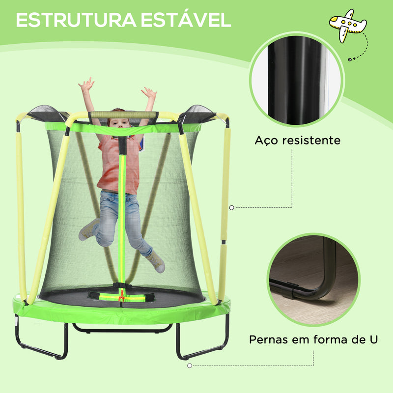 Trampolim Infantil Ø140x155 cm Trampolim para Crianças de 3-10 Anos com Rede de Segurança Cesta de Basquetebol e 20 Bolas de Plástico para Interior Verde