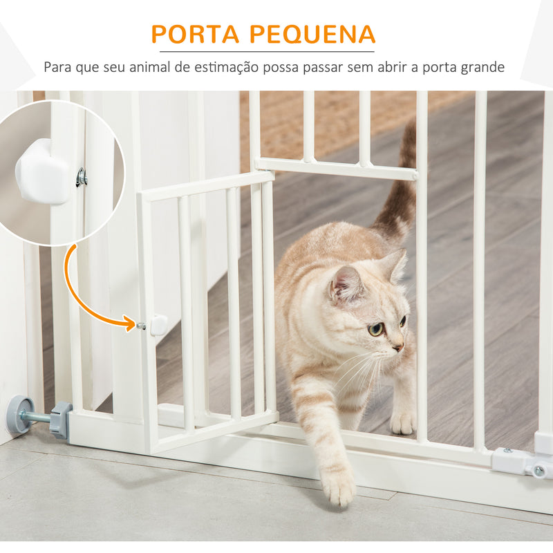 Barreira de Segurança para Cães Animais de Estimação 74-100cm para Escadas Portas e Corredores com Porta para Gatos Fechamento Automático e Sistema de Duplo Bloqueio Altura 91,4cm Branco