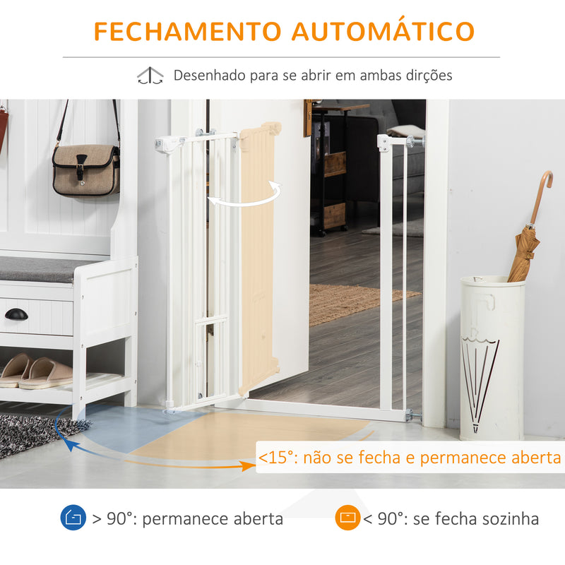 Barreira de Segurança para Cães Animais de Estimação 74-100cm para Escadas Portas e Corredores com Porta para Gatos Fechamento Automático e Sistema de Duplo Bloqueio Altura 91,4cm Branco