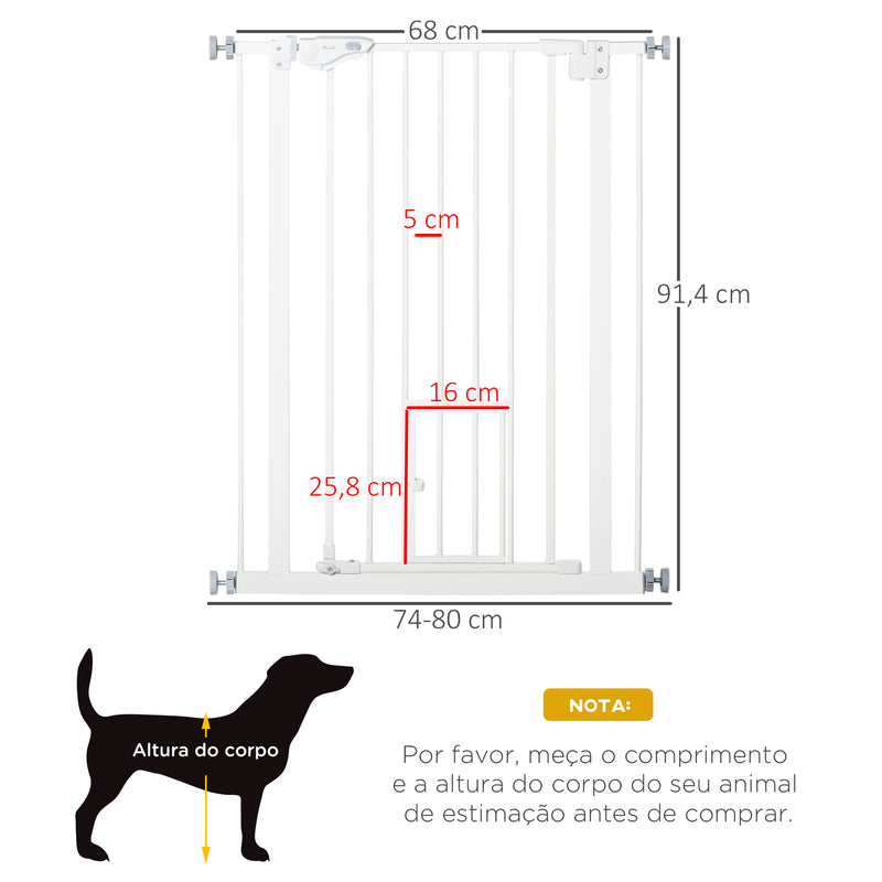 Barreira de Segurança para Cães Animais de Estimação 74-100cm para Escadas Portas e Corredores com Porta para Gatos Fechamento Automático e Sistema de Duplo Bloqueio Altura 91,4cm Branco