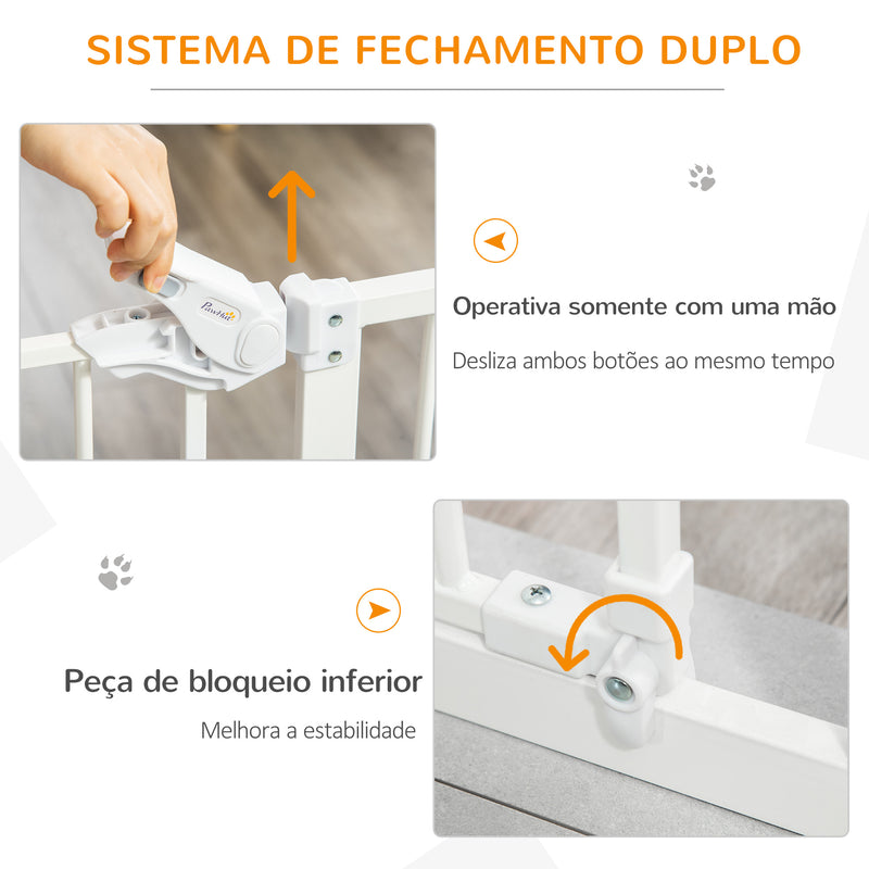 Barreira de Segurança para Cães Animais de Estimação 74-100cm para Escadas Portas e Corredores com Porta para Gatos Fechamento Automático e Sistema de Duplo Bloqueio Altura 91,4cm Branco