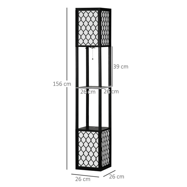 Candeeiro de Pé de Madeira Candeeiro de Pé com Estantes Lâmpada E27 Máx. 40W com Interruptor para Sala de Estar Dormitório Escritório 26x26x156cm Preto e Branco