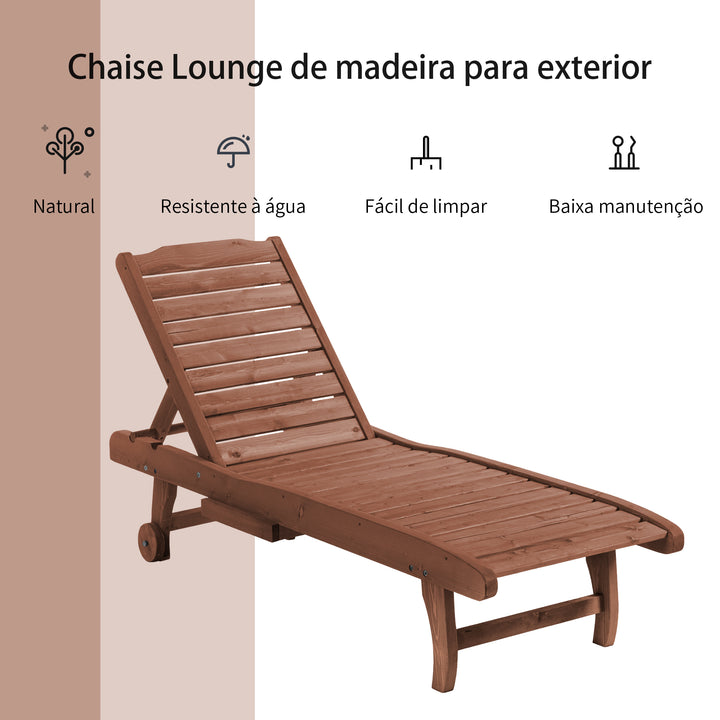 Espreguiçadeira de Madeira para Exterior Cadeira Reclinável de Jardim com 2 Rodas Encosto Ajustável em 3 Níveis e 1 Tabuleiro Capacidade 113 kg para Terraço Pátio 182x60x35 cm Natural