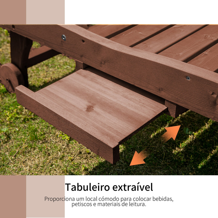 Espreguiçadeira de Madeira para Exterior Cadeira Reclinável de Jardim com 2 Rodas Encosto Ajustável em 3 Níveis e 1 Tabuleiro Capacidade 113 kg para Terraço Pátio 182x60x35 cm Natural