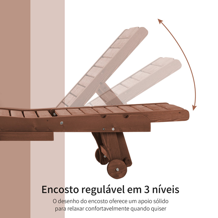 Espreguiçadeira de Madeira para Exterior Cadeira Reclinável de Jardim com 2 Rodas Encosto Ajustável em 3 Níveis e 1 Tabuleiro Capacidade 113 kg para Terraço Pátio 182x60x35 cm Natural