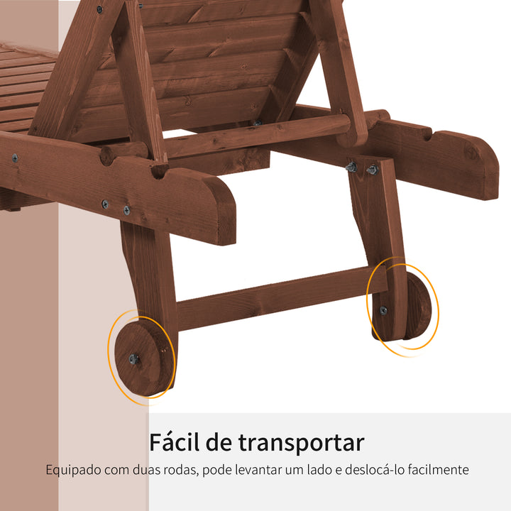 Espreguiçadeira de Madeira para Exterior Cadeira Reclinável de Jardim com 2 Rodas Encosto Ajustável em 3 Níveis e 1 Tabuleiro Capacidade 113 kg para Terraço Pátio 182x60x35 cm Natural